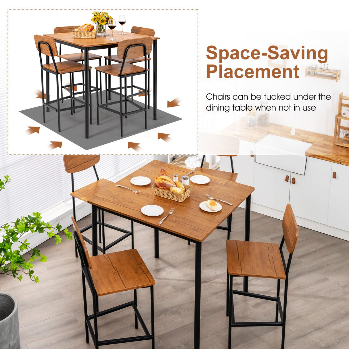 5-Piece Dining Table Set for Small Space, Kitchen Table and Chairs Set for 4 with Steel Frame,