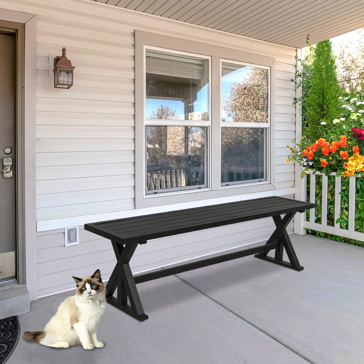 Outdoor Patio Bench Black, Garden Bench Outdoor Industrial Bench