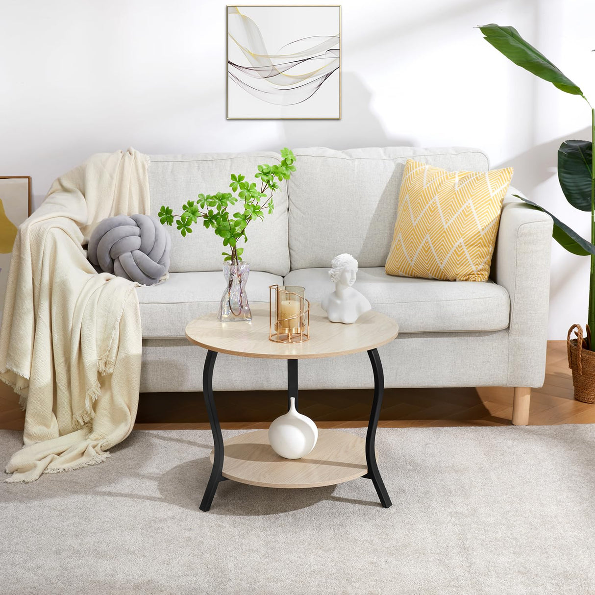 Small Round Coffee Table with Open Storage,23" 2-Tier Coffee Side Tables for Small