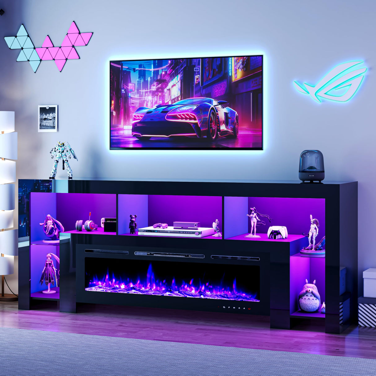 94.5" Fireplace TV Stand with LED Lighting & Charging Station