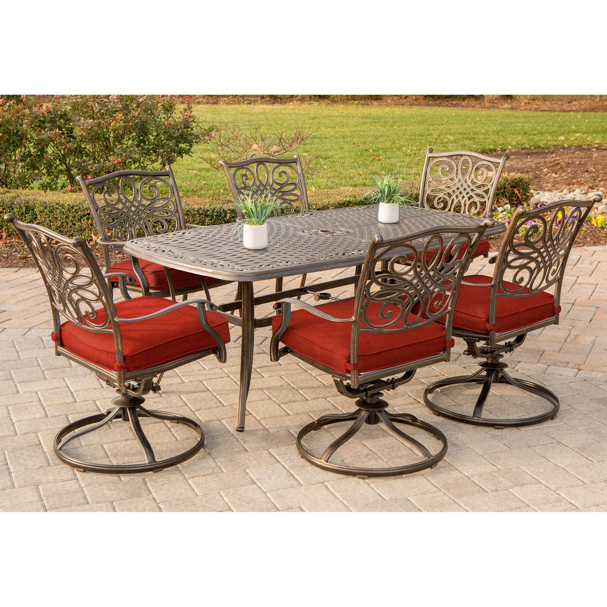 Traditions 7-Piece Outdoor Dining Set for 6 with Red Cushions, 6 Swivel Rockers