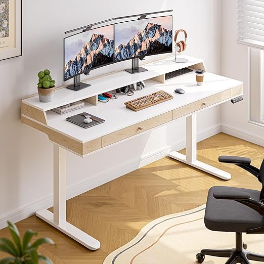 Standing Desk with Drawers, 55.1x23.6 Inch Electric Stand Up Desk with Storage Shelf and Memory