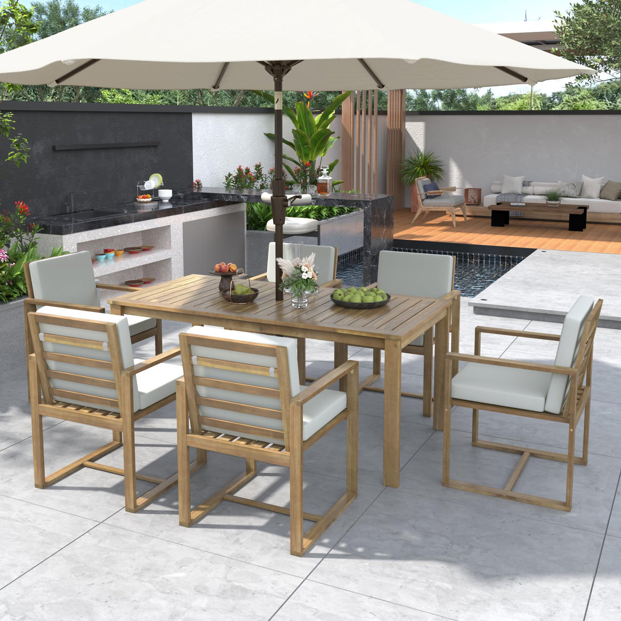 Patio Dining Set with Built-in Umbrella Hole and Removable Cushions,Outdoor Dining