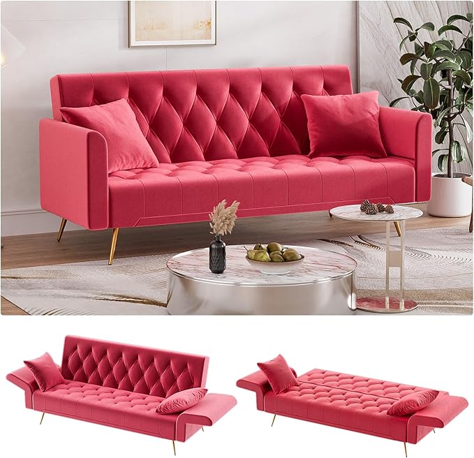 Modern Velvet Futon Sofa Bed, Small Couch, Loveseat, 71" Convertible Futon Sofa