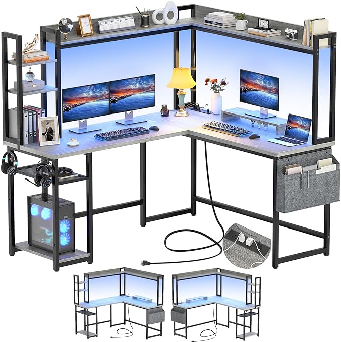 L Shaped Desk with Power Outlet, L Shaped Gaming Desk with Led Light & Hutch