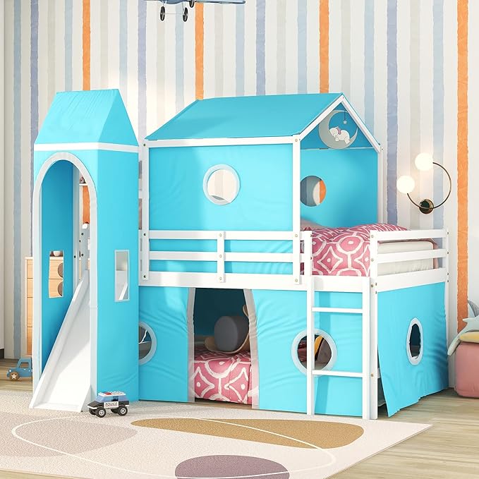 Twin House Bunk Bed, Kids Playhouse Bed, Solid Wood bunk Bed Frame with Slide Pink