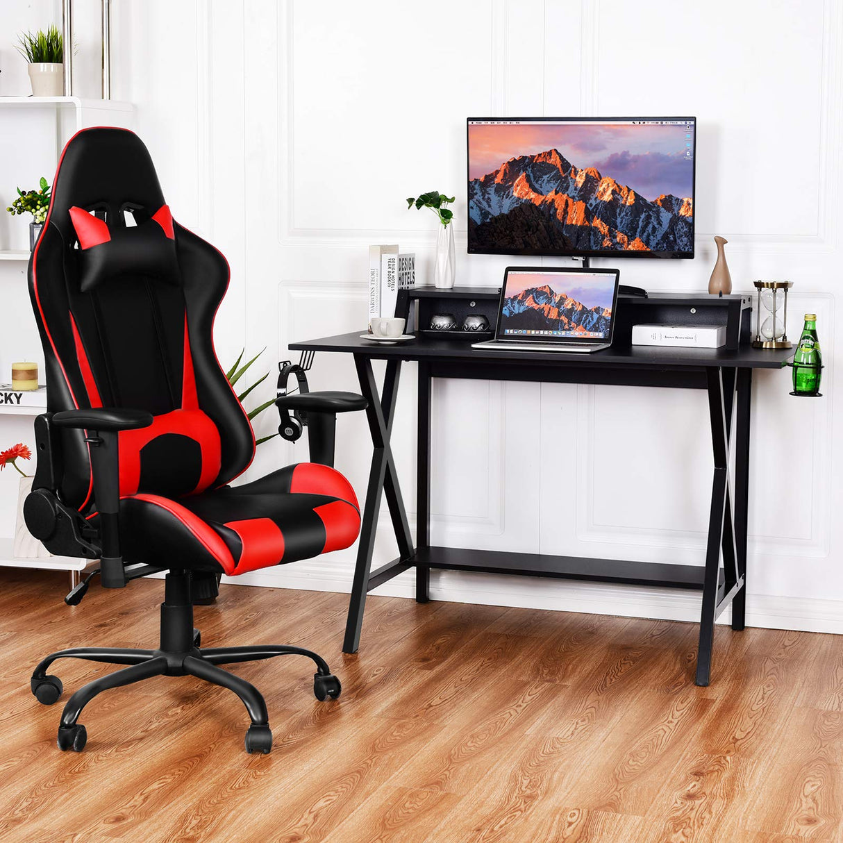Gaming Computer Desk with Monitor Shelf, Gaming Table Workstation with Cup Holder Headphone Holder