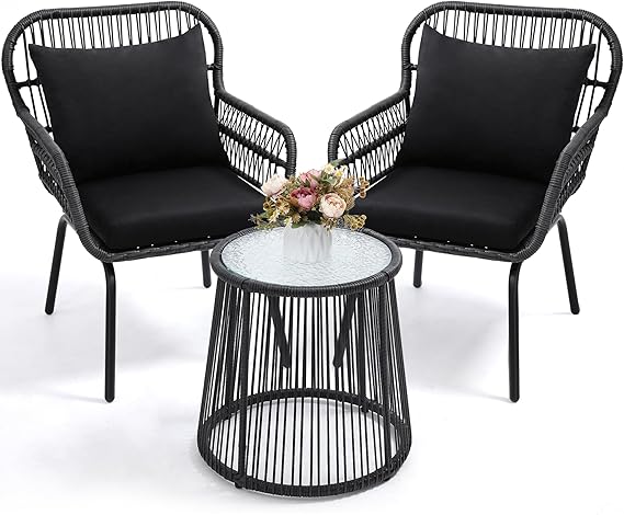 3-Piece Rattan Wicker Bistro Set with Glass Top Table - Space-Saving Outdoor Patio Furniture