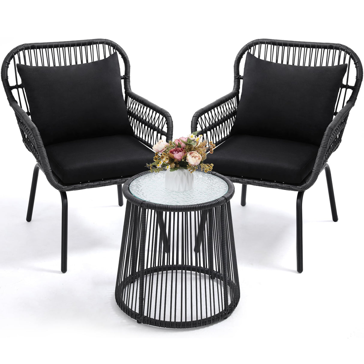 3-Piece Rattan Wicker Bistro Set with Glass Top Table - Space-Saving Outdoor Patio Furniture