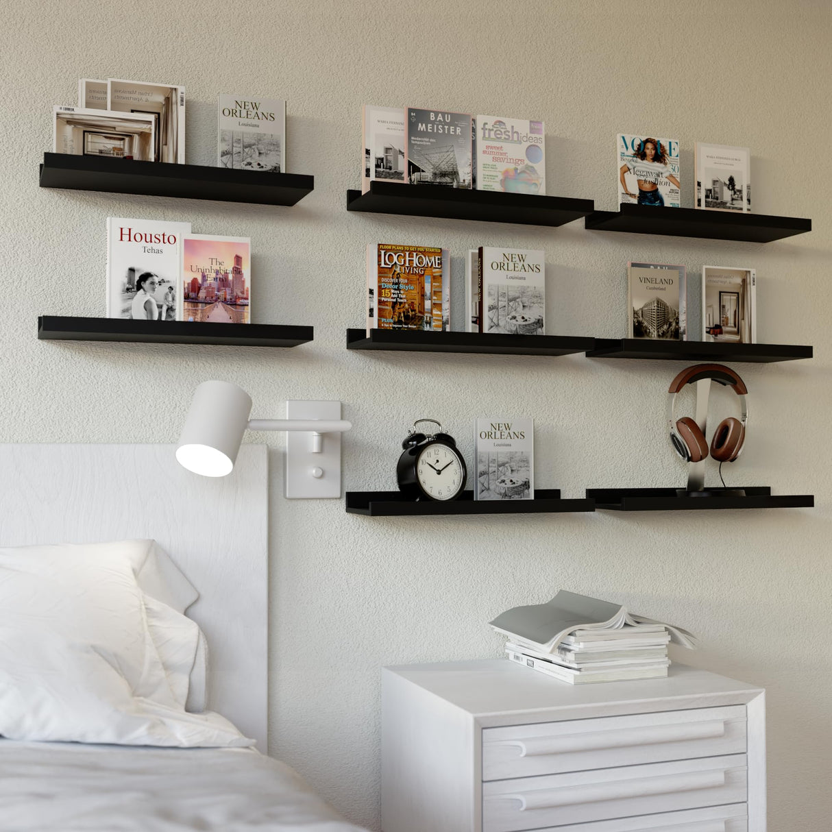 Floating Wall Mounted Shelves, 8pc Set with Lip - Black Nursery Book Shelves for Bedroom