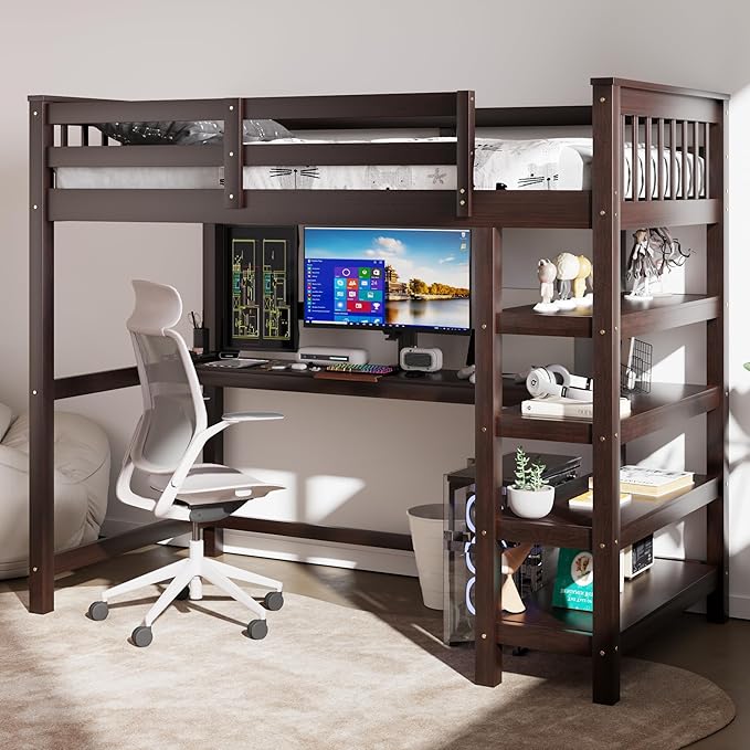 with Desk : Twin Size Loft Bed with 4-Storage Shelves and Under-Bed Desk Solid Wood