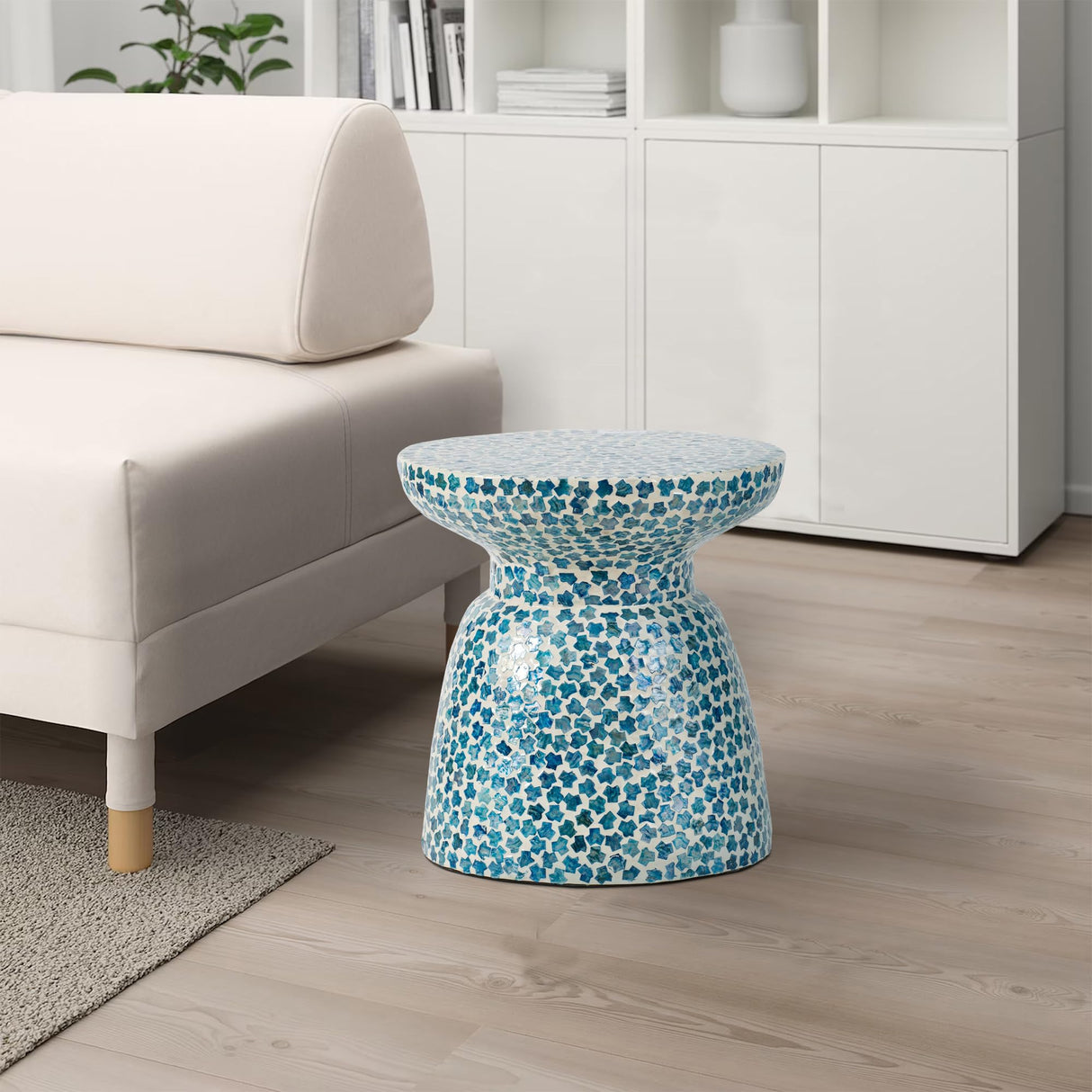 Ivy 16 Inch Round End Side Table, Bamboo Platform, Mosaic, Blue and White