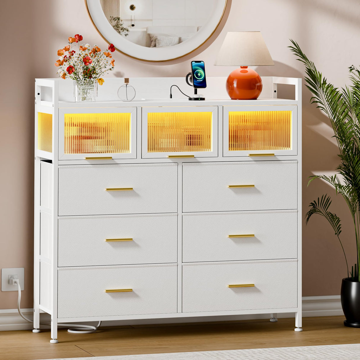 Dresser & Chest of Drawers with LED Lights, Power Outlets & Acrylic Window - Modern