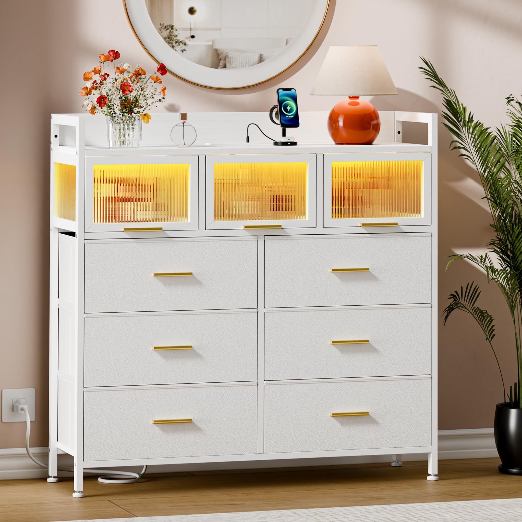 Dresser & Chest of Drawers with LED Lights, Power Outlets & Acrylic Window - Modern
