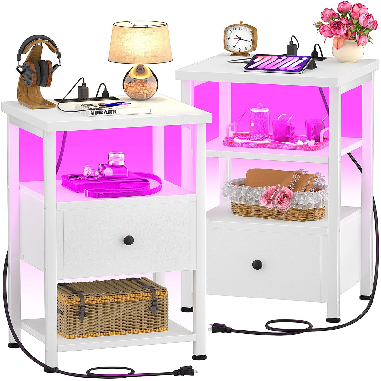 Nightstand Set of 2 with LED Lights, 3 Tier Night Stand with Charging Station, End Table