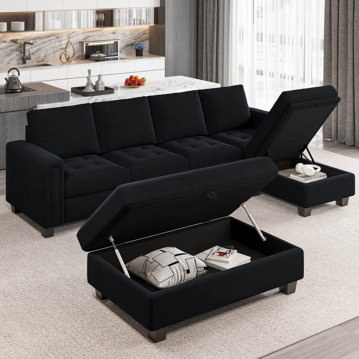 Velvet Convertible 4-Seat Sectional Sofa with Reversible Chaise L Shaped Sofa