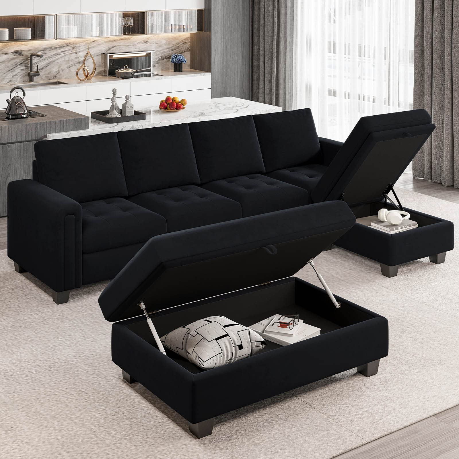 Velvet Convertible 4-Seat Sectional Sofa with Reversible Chaise L Shaped Sofa