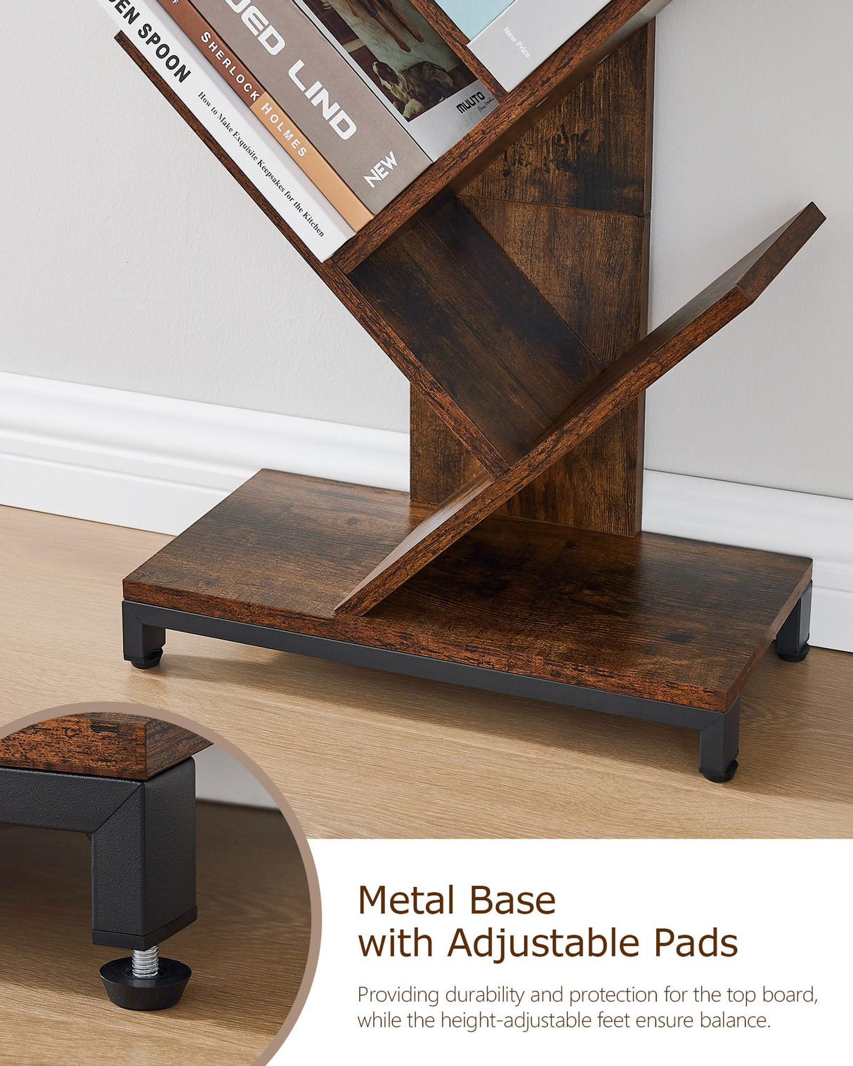 10 Shelf Tree Bookshelf, Floor Standing Wood Bookshelf for Books/Magazine/CDs/Movies, Modern Storage Rack Tree Bookcase, Utility Organizer Shelves for Narrow Space Home Office, Rustic Brown