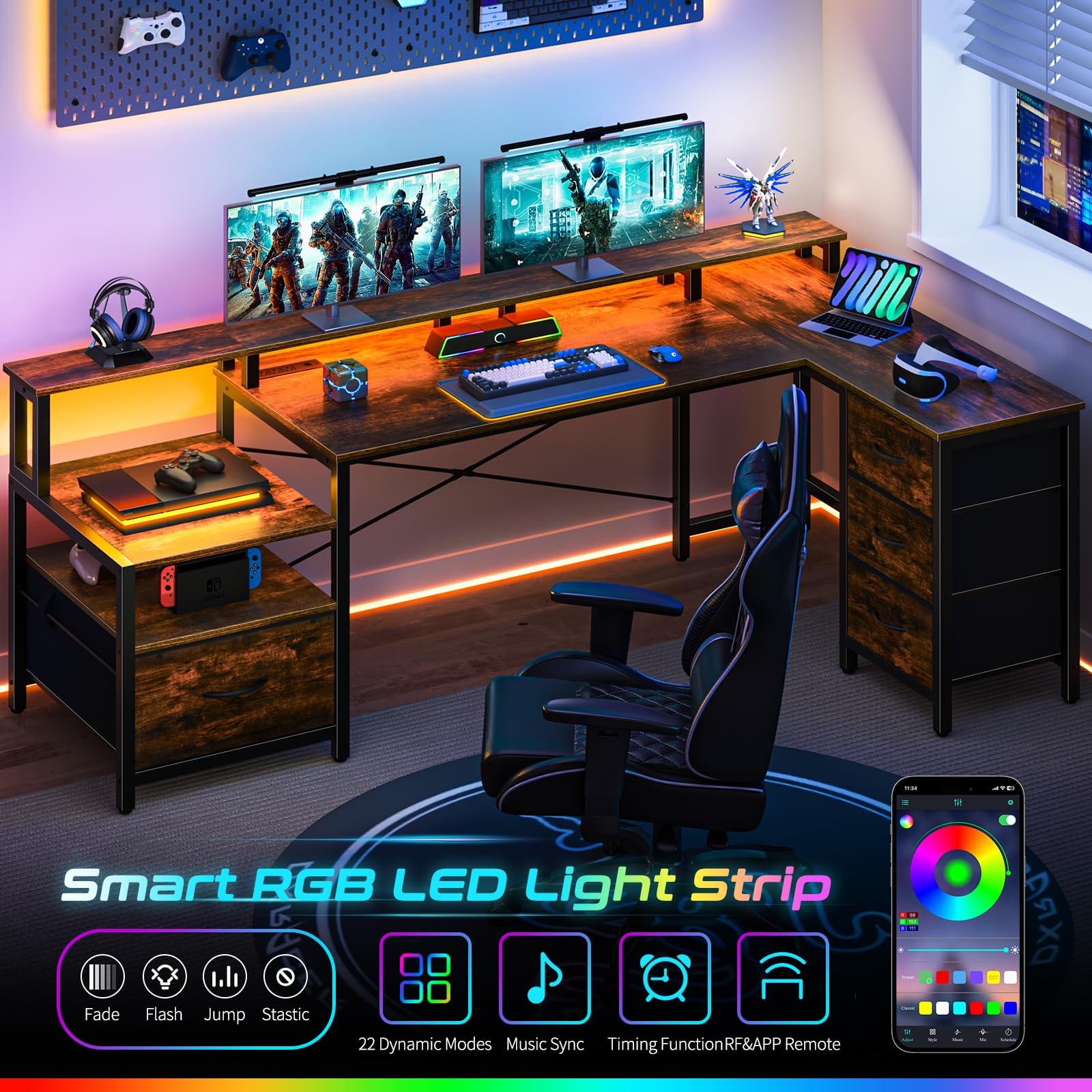 L Shaped Desk with Drawers, LED Computer Desk with Power Outlets, 75" Reversible