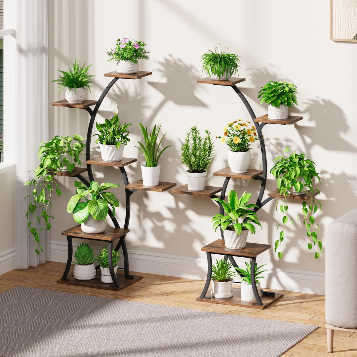 A 7-tier plant stand with grow lights, featuring a black metal frame and brown wooden shelves, with various plants and grow lights visible.