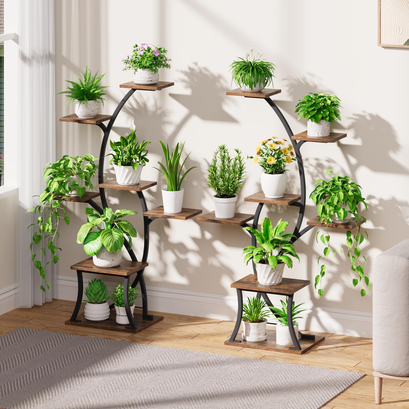 A 7-tier plant stand with grow lights, featuring a black metal frame and brown wooden shelves, with various plants and grow lights visible.