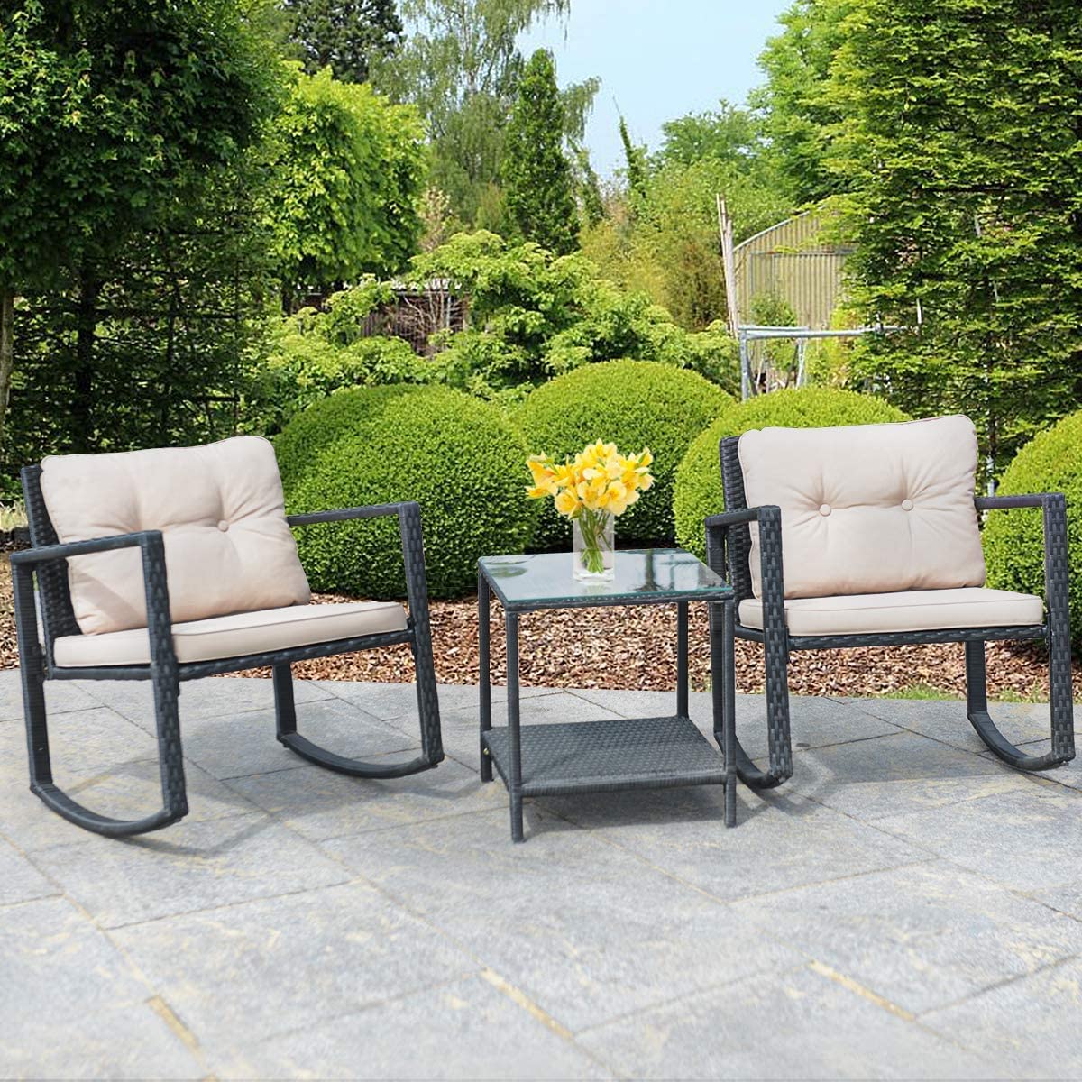 HAPPYGRILL 3-Piece Rocking Bistro Set Outdoor Patio Rocking Chairs with Coffee Table, Rattan Wicker Furniture Conversation Set for Garden Lawn Backyard Balcony