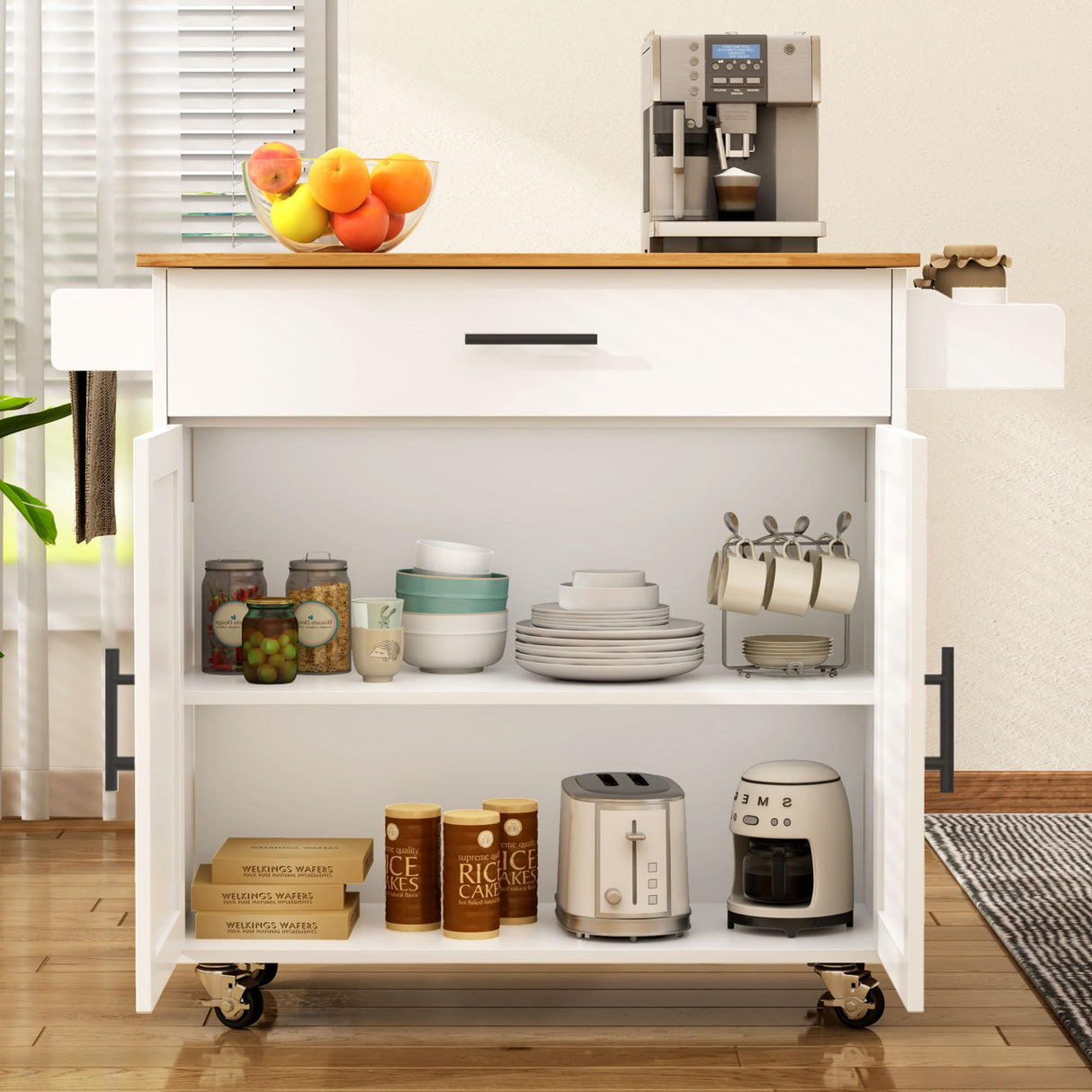 Rolling Kitchen Island on Wheels with Drop Leaf, Kitchen Cart with A Drawer and Cabinet