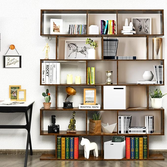 6 Tier S Shaped Bookshelf, 31.5''L x 9''W x 75''H, Wooden Bookcase and Bookshelves w/Anti-Toppling Device, Room Divider Display Shelves for Living Room, Home Decor, 6 Shelf Bookshelf