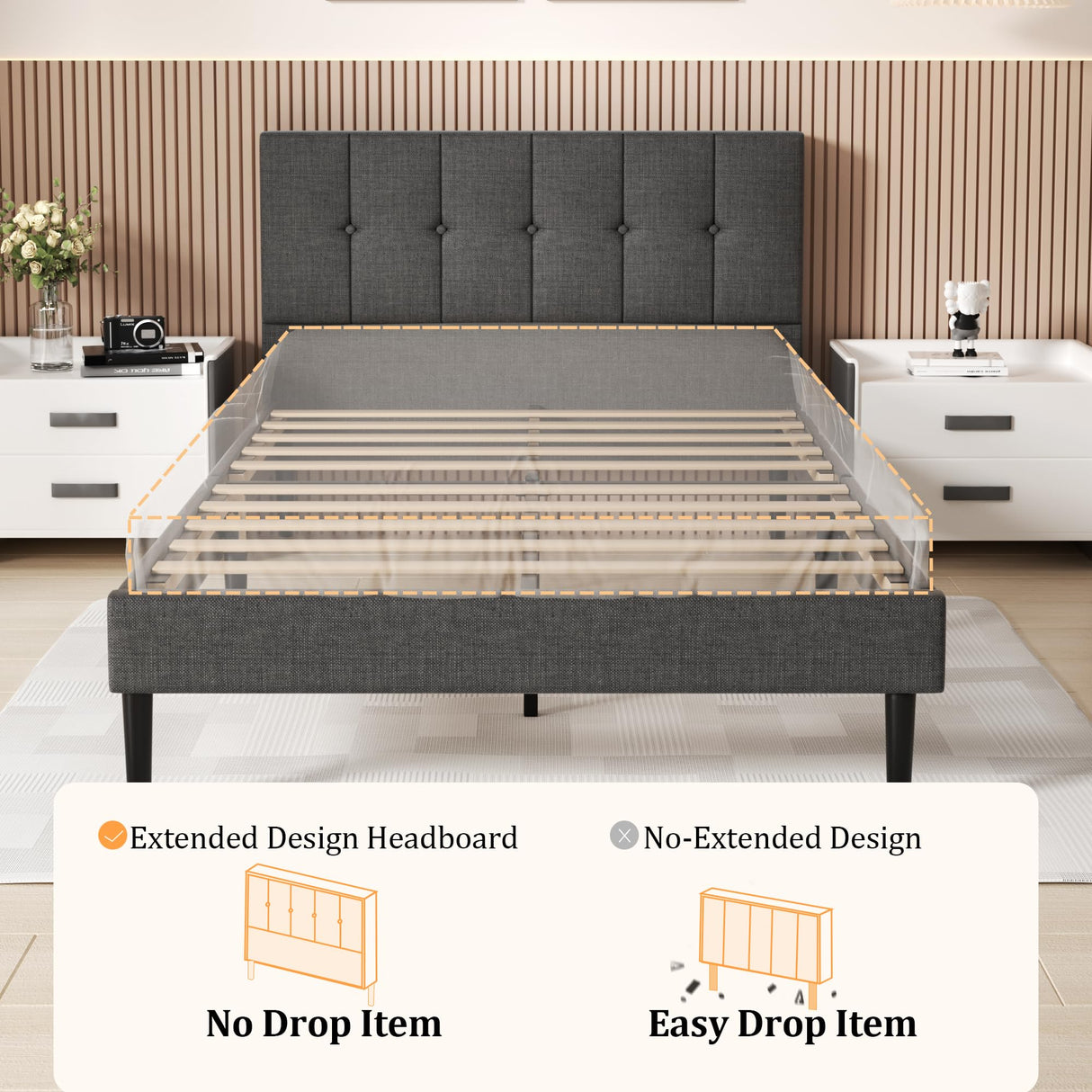 Full Bed Frame with Button Tufted Headboard, Fabric Upholstered Platform Bed Frame,
