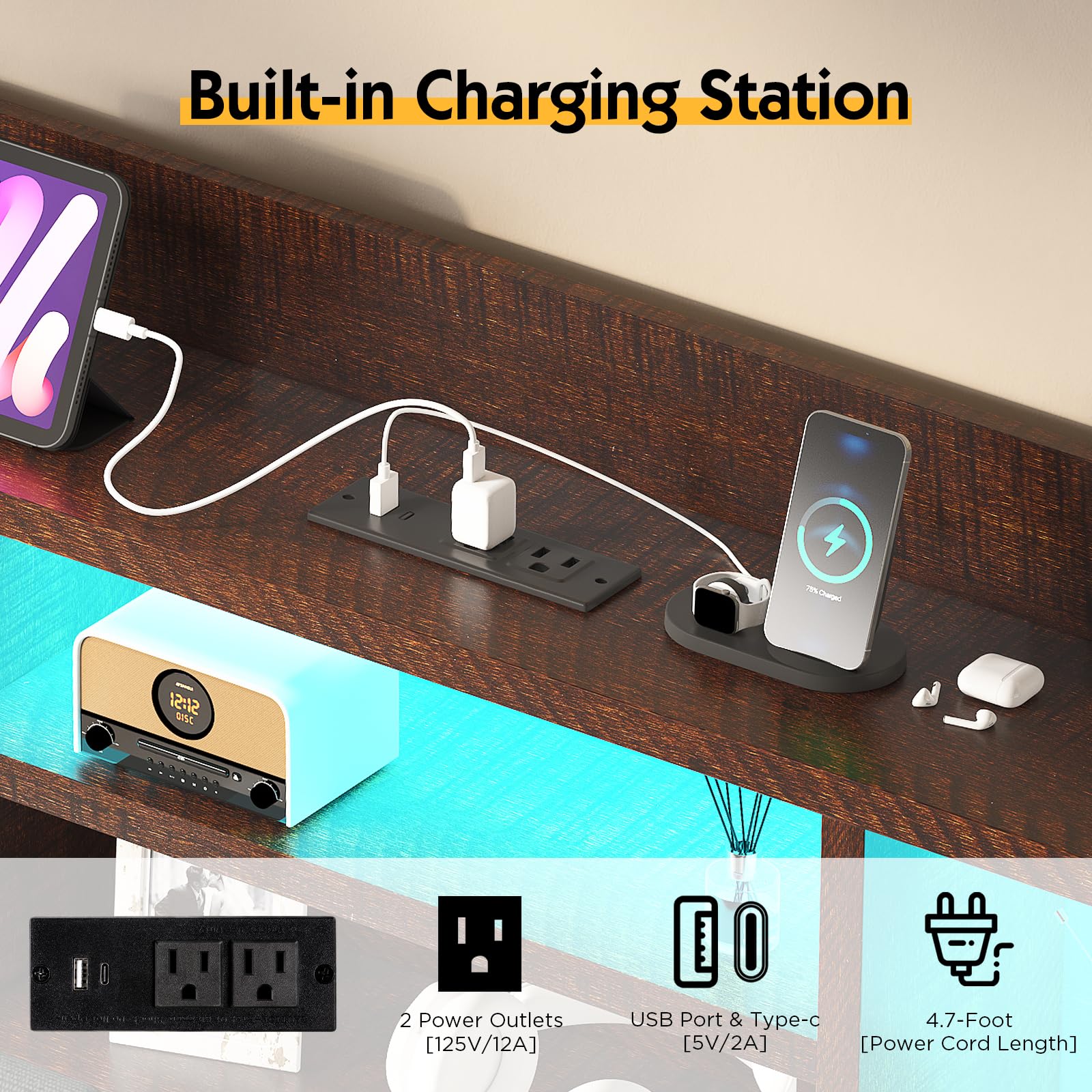 LUXOAK King Farmhouse Bed Frame with Bookcase Headboard and 4 Drawers, LED Storage Bed with Charging Station & Linen Upholstered, No Box Spring Needed, Reclaimed Barnwood
