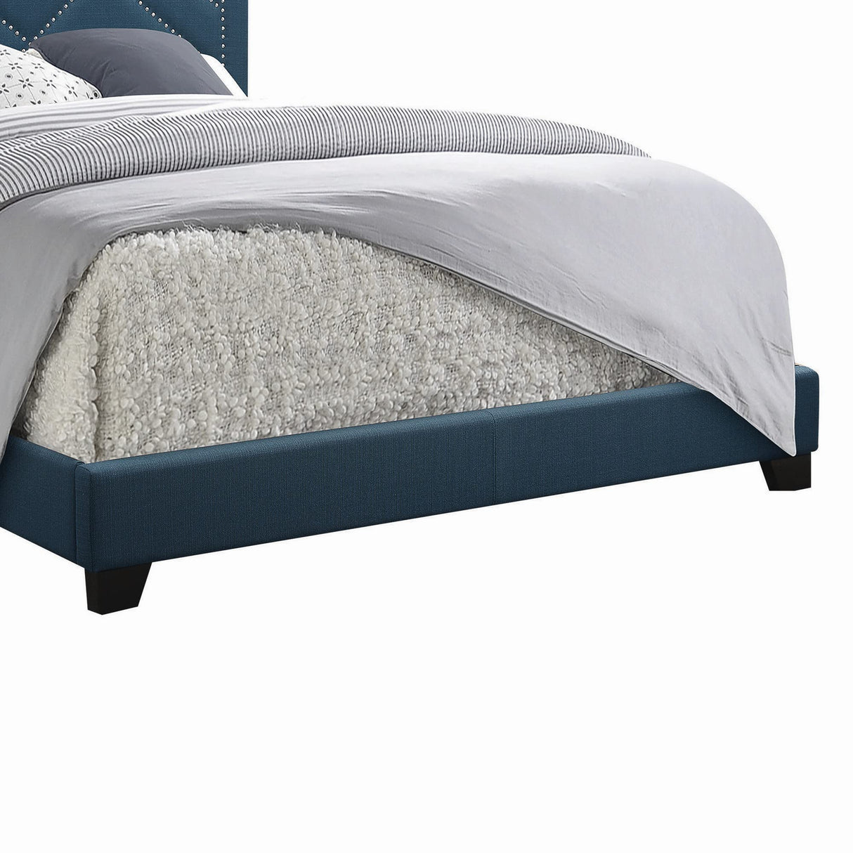 Fabric Upholstered Queen Bed with Block Legs, Blue, Brown