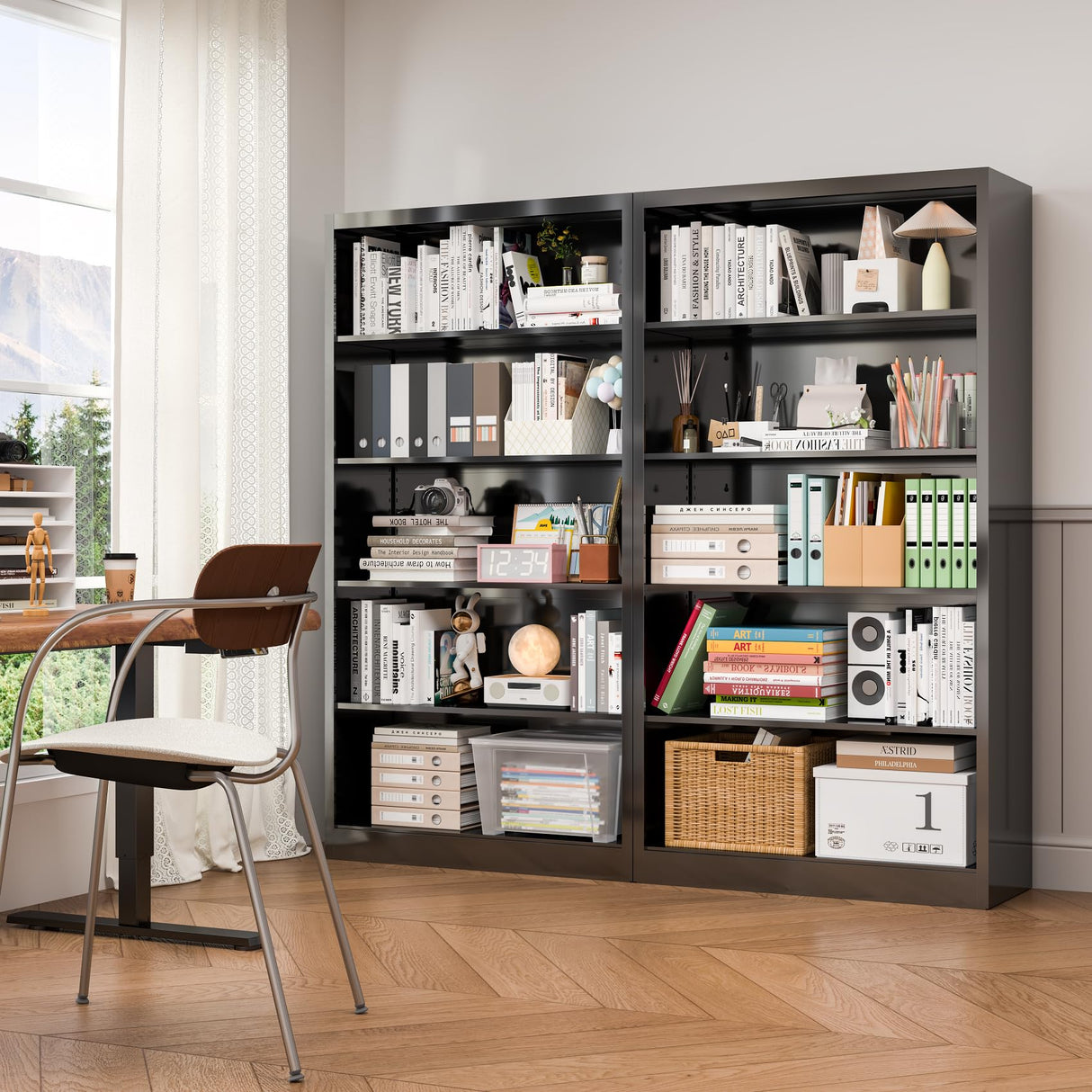 5 Tier Metal Bookshelf, 66" Tall Bookcase, Adjustable Bookshelves and Bookcases