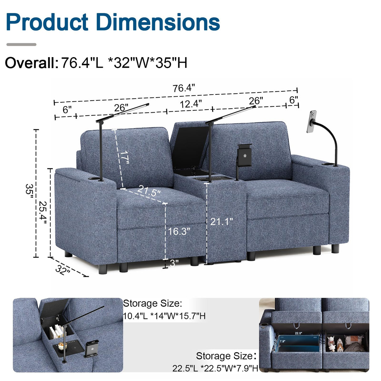 Home Theater Seating Set of 3, Power Conscle with Cup Holders, Bluetooth Stereo,