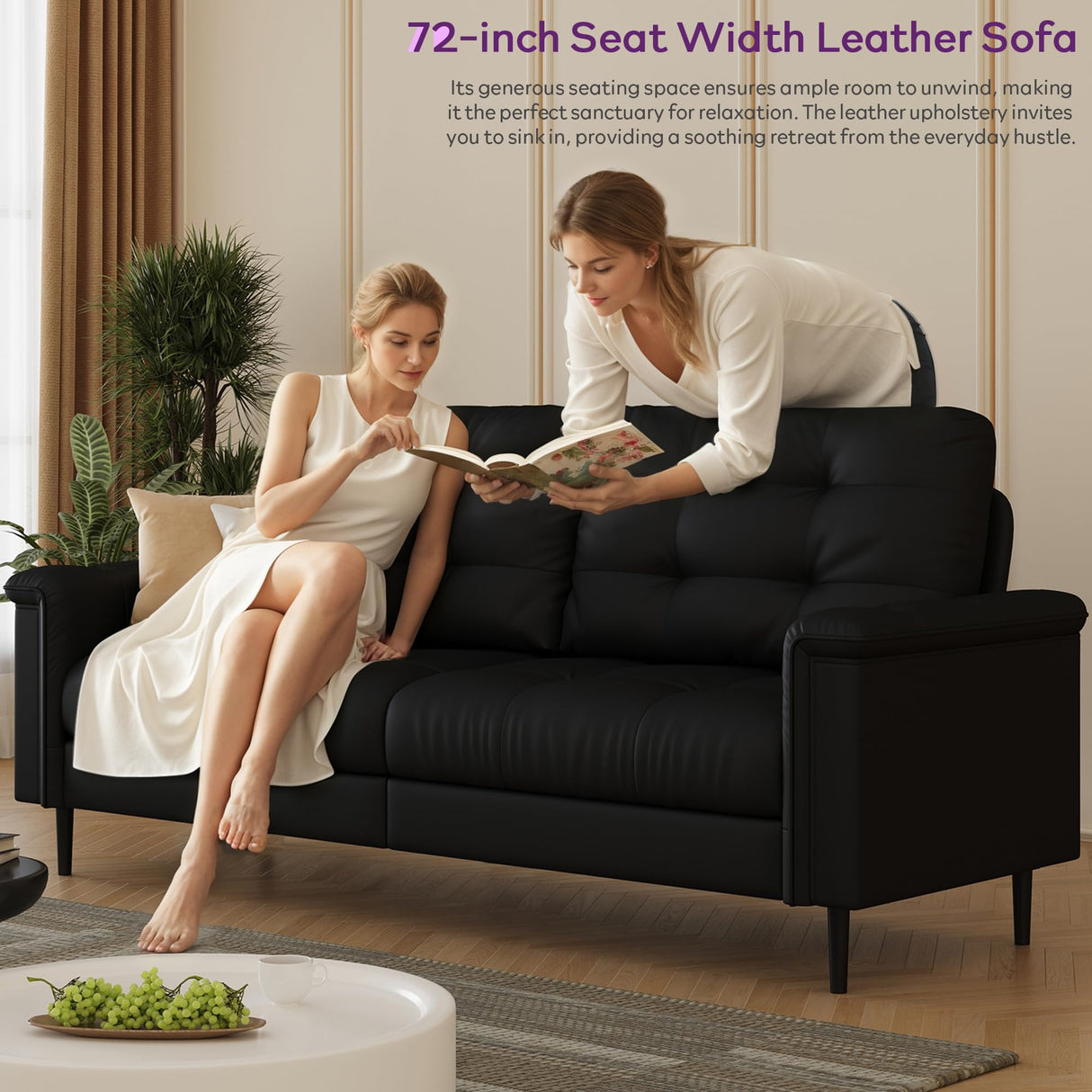 Black Faux Leather Sofa Couches for Living Room, Mid-Century Modern Tufted Comfy