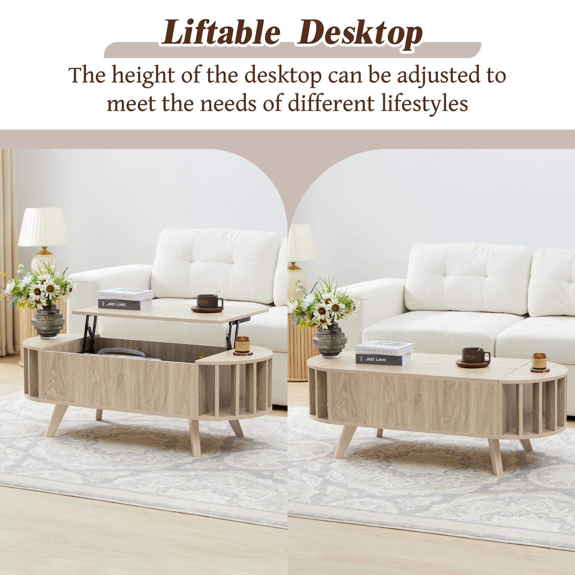 47.3" Lift Top Coffee Table with Hidden Storage, Small End Table with Curved Edge Design