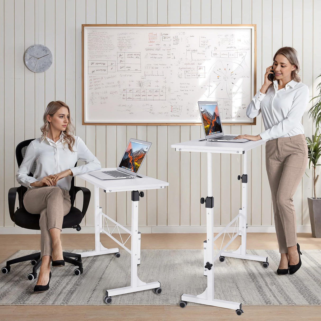 Desk Adjustable Height Portable Mobile Laptop Desk Treadmill Desk for Walk Rolling Wheel Desk Sit to Stand White