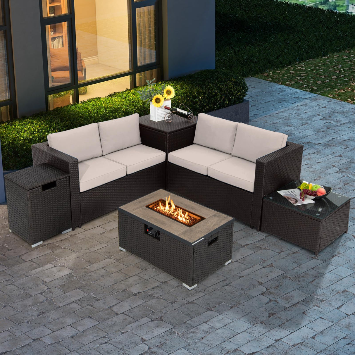 6 Pieces Patio Wicker Furniture Set with 32 Inches Propane Fire Pit Table and Tank Holder