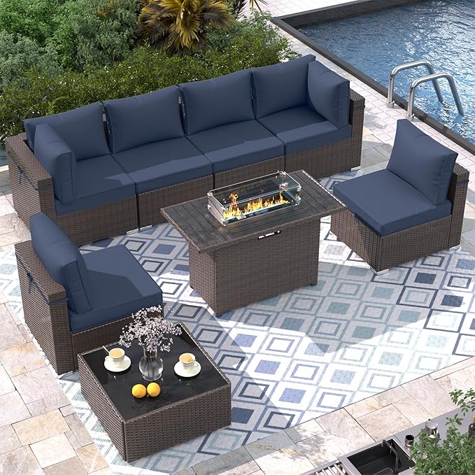 8 Piece Patio Furniture Set with 43" Fire Pit Table, Outdoor Sectional Sofa Set Heavy Duty