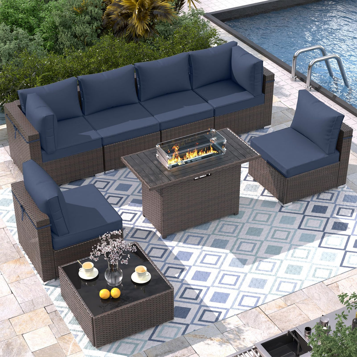 8 Piece Patio Furniture Set with 43" Fire Pit Table, Outdoor Sectional Sofa Set Heavy Duty