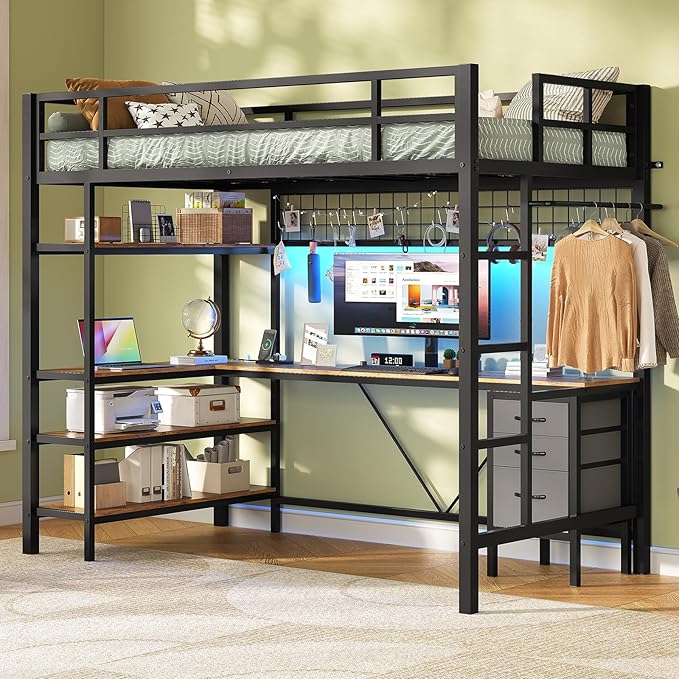 VIAGDO Loft Bed Twin Size with L-Shaped Desk, Charging Station and LED Lights, Twin Loft Bed with 4-Tier Bookshelf and 3 Drawers, Clothes Rail, Safety Guardrail&Ladder, No Box Spring Needed, White