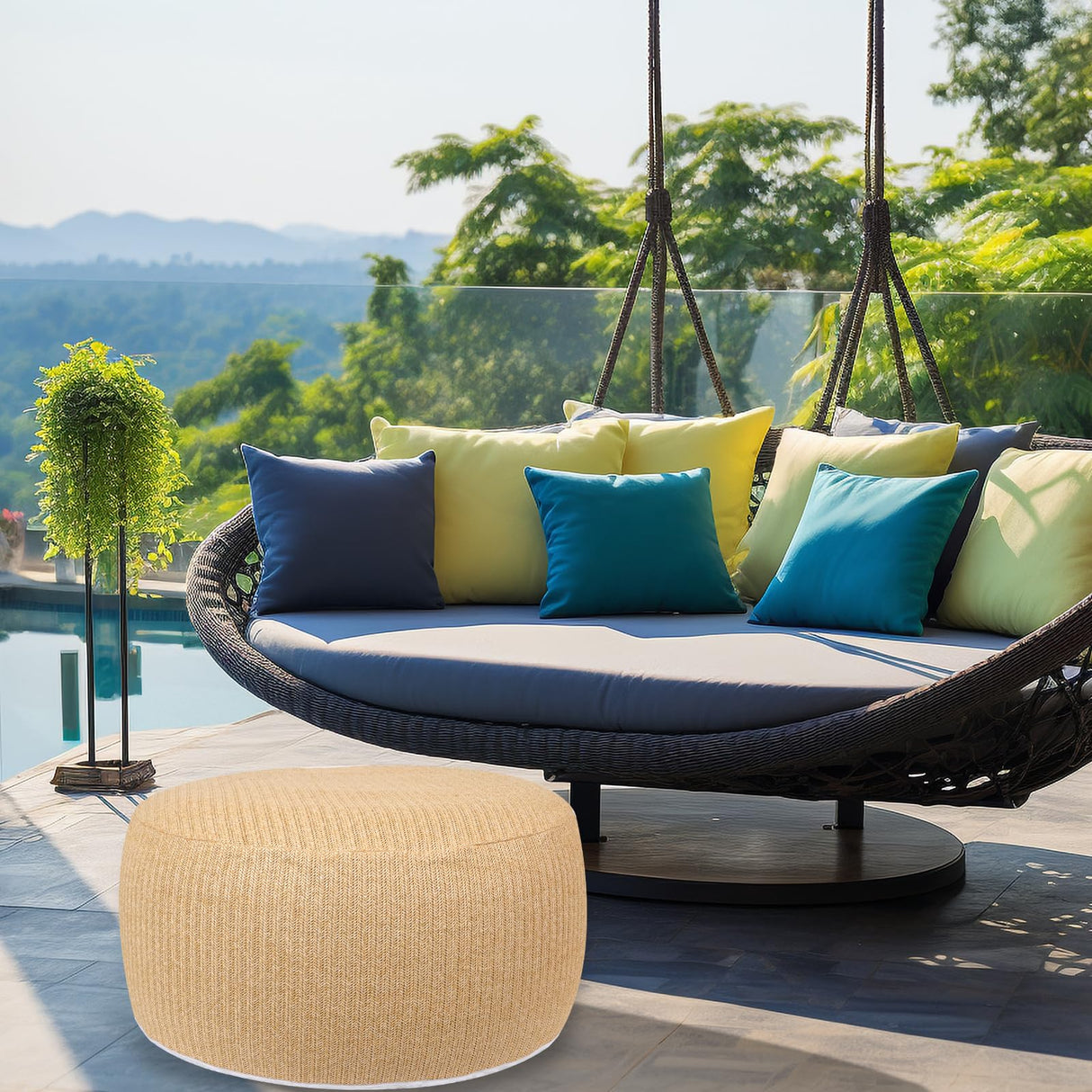 Woven Inflatable Ottoman, Fade-Resistant D31”x H14” Outdoor Indoor Pouf Patio Footrest Stool with Portable Handle, Round Ottoman for Patio Garden, Camping, Bedroom, Living Room