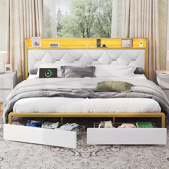 King Size Bed Frame with Headboard and Storage Drawers