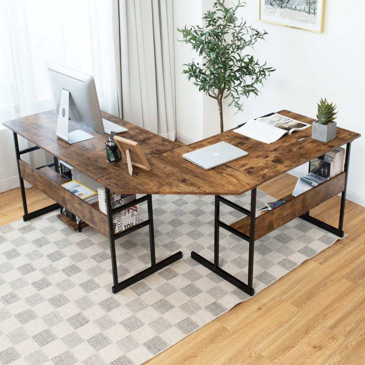 67 Inches L-Shaped Office Desk, Corner Computer Desk with Bottom Bookshelves & CPU