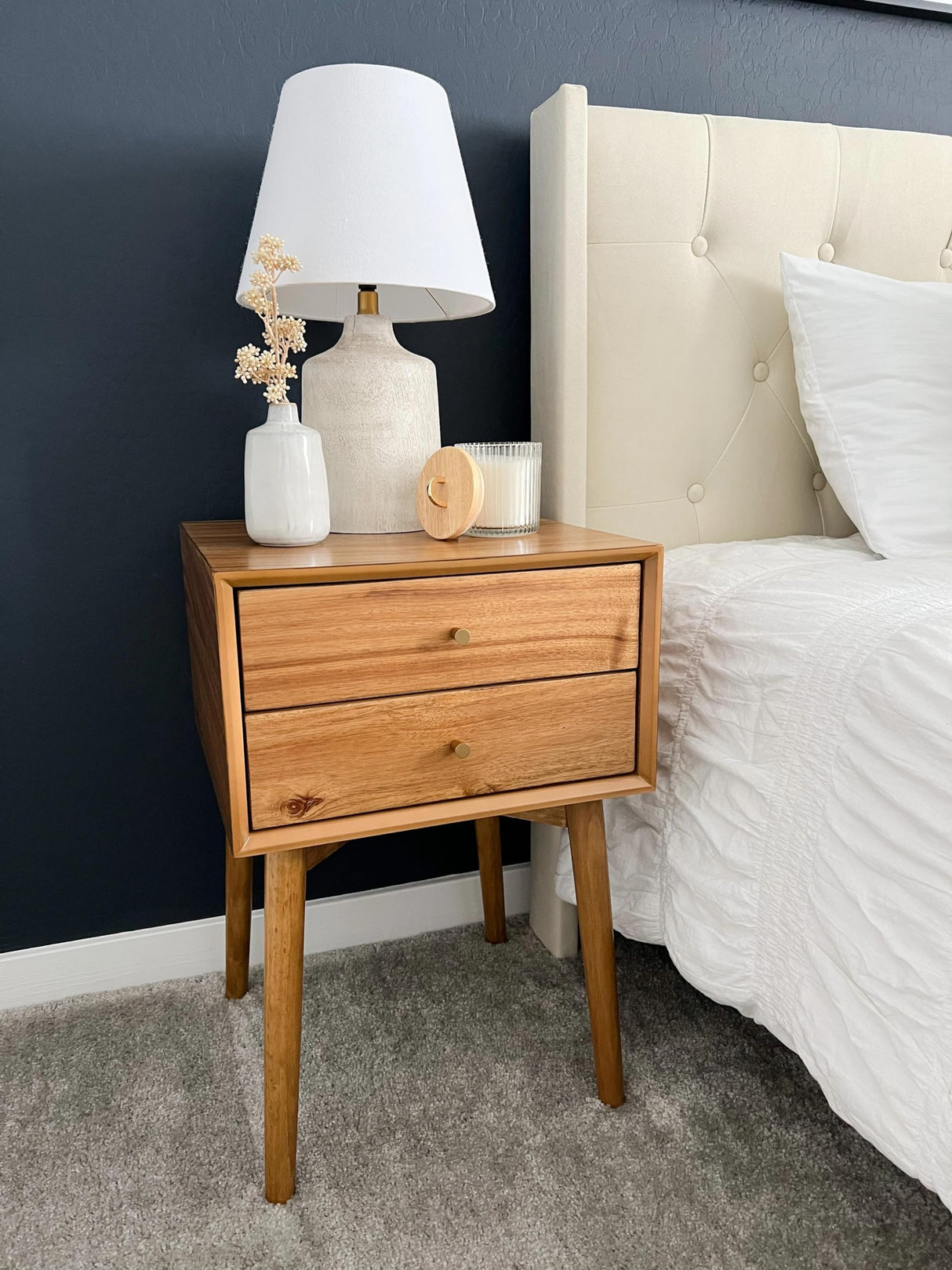 32704 Harper Mid-Century Oak Wood Nightstand with 2-Drawers, Small Side End Table