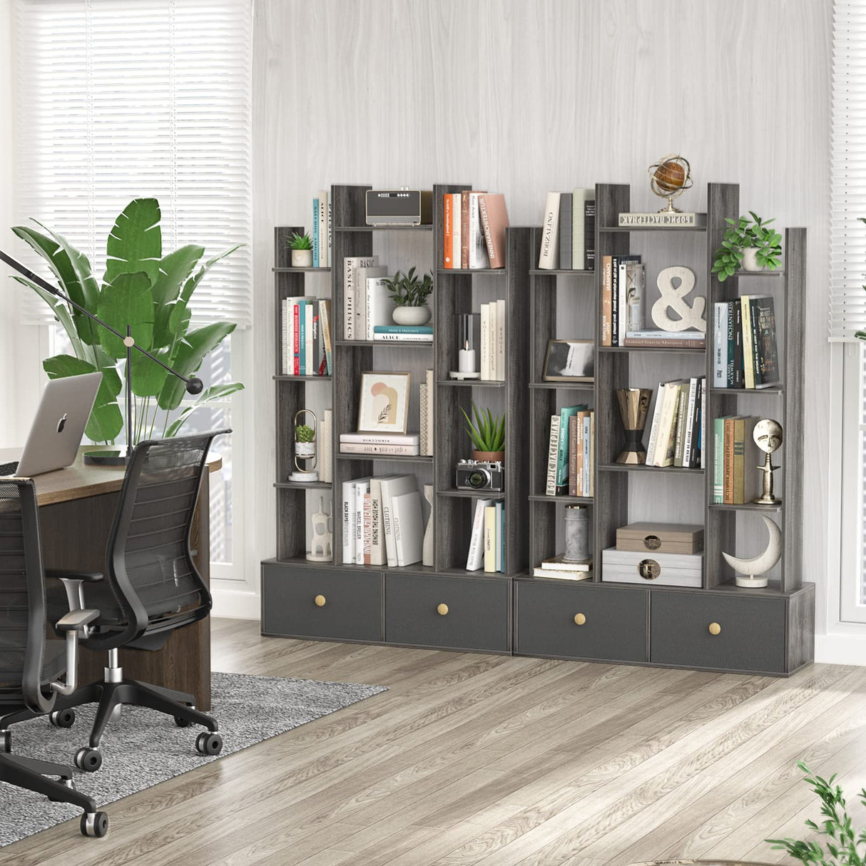 Book Shelf with 2 Drawers Free Standing Bookcase, Office Storage Shelf Organizer