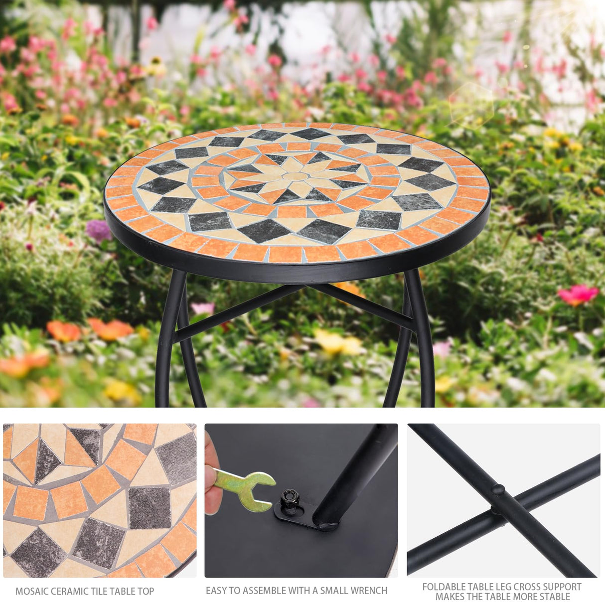 VCUTEKA Mosaic Outdoor Side Table - Small Patio Table Coffee Table Outside Accent Table Round End Plant Table for Bistro Balcony Porch Outdoor Benches 14'' Mosaic Table - Bircata