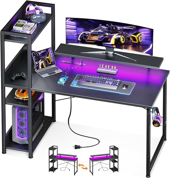 Reversible Gaming Desk with USB Charging Port and LED Lights