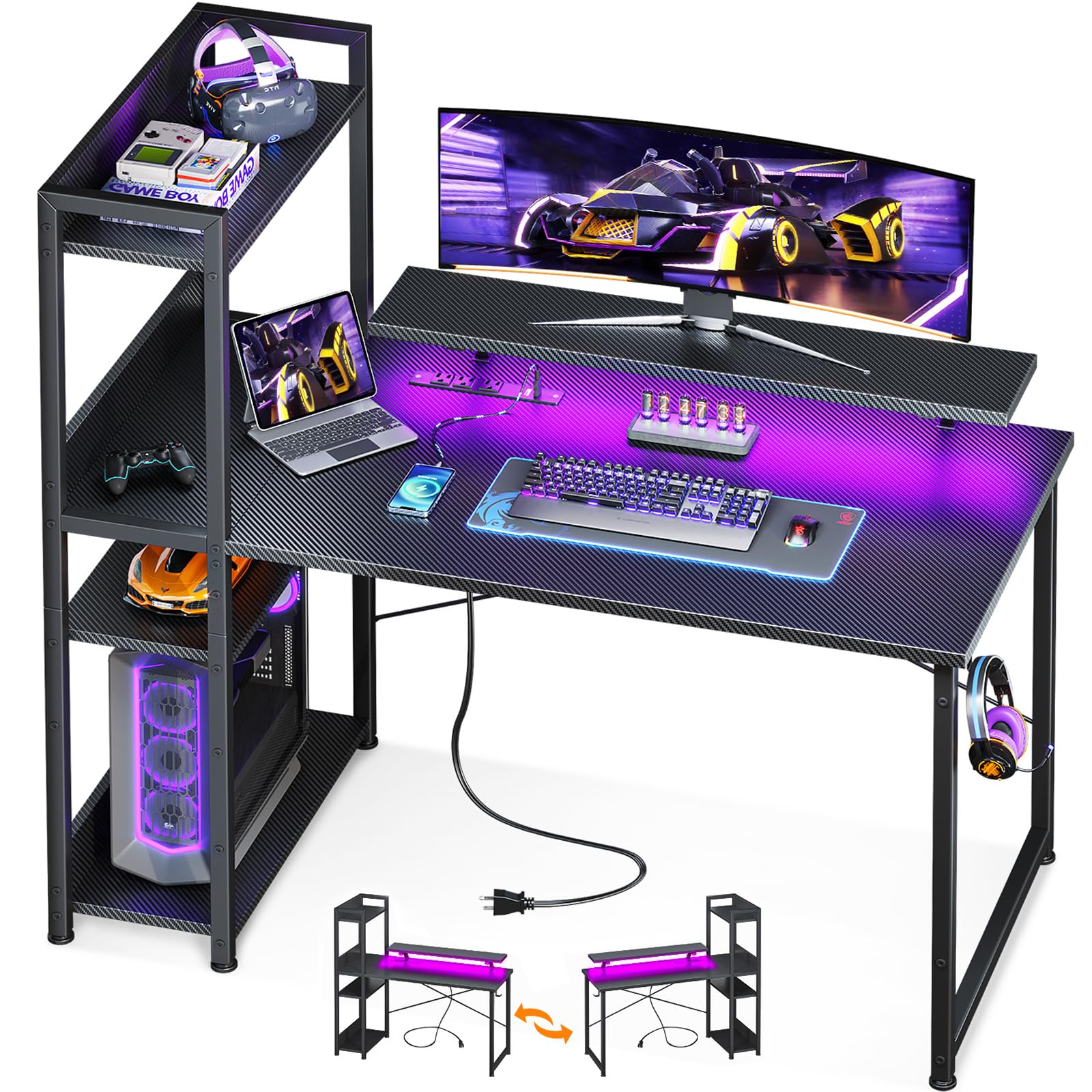 Reversible Gaming Desk with USB Charging Port and LED Lights