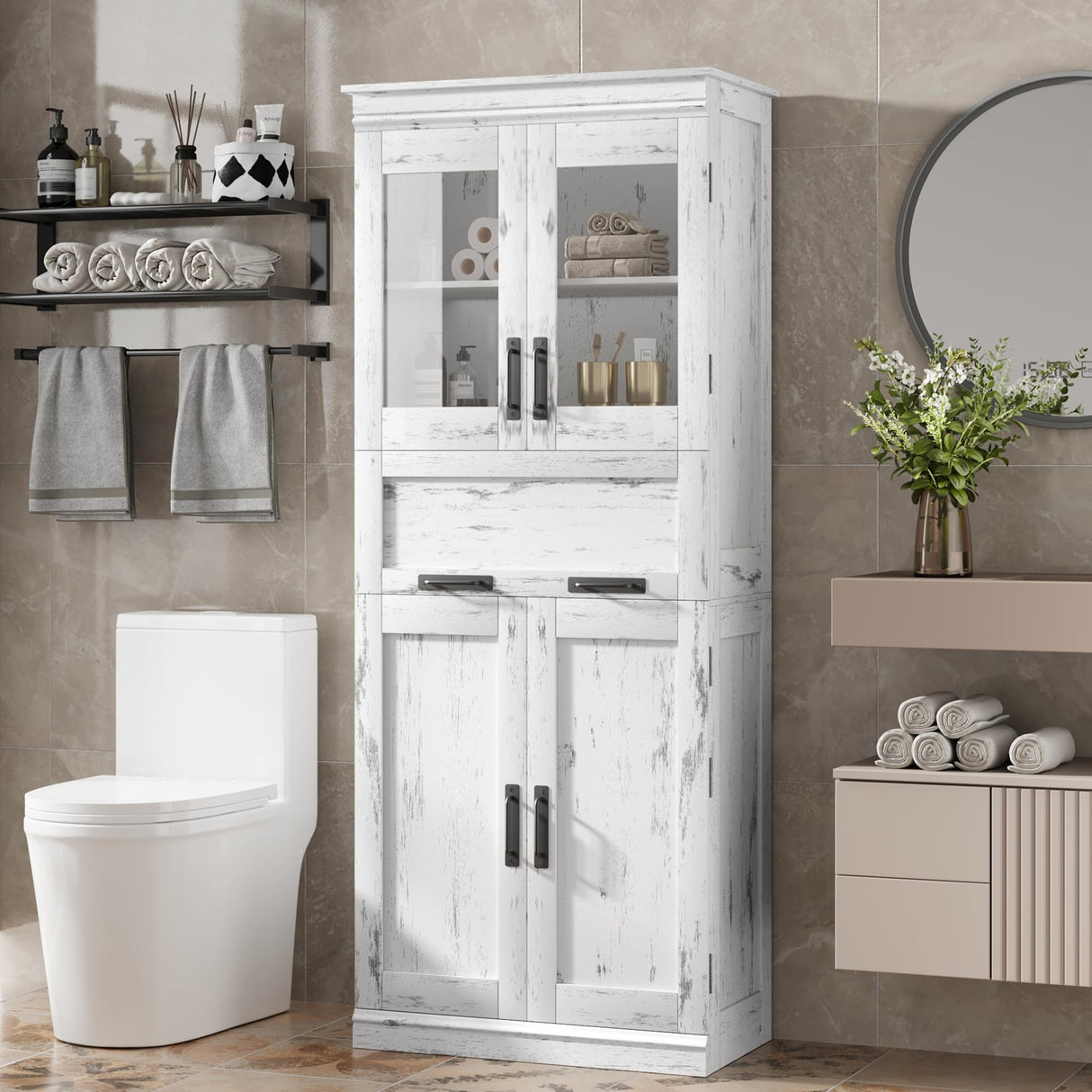 Bathroom Cabinet, Tall Storage Cabinet with Doors and Adjustable Shelf, Freestanding Floor