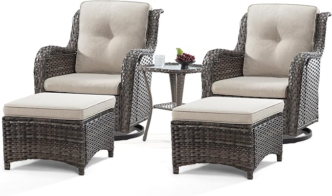 5 Piece Outdoor Patio Furniture Set Wicker Conversation Bistro Set Swivel Rocking Chairs with Side Table and Ottomans for Backyard, Porch, Deck(Mixed Grey/Orange)